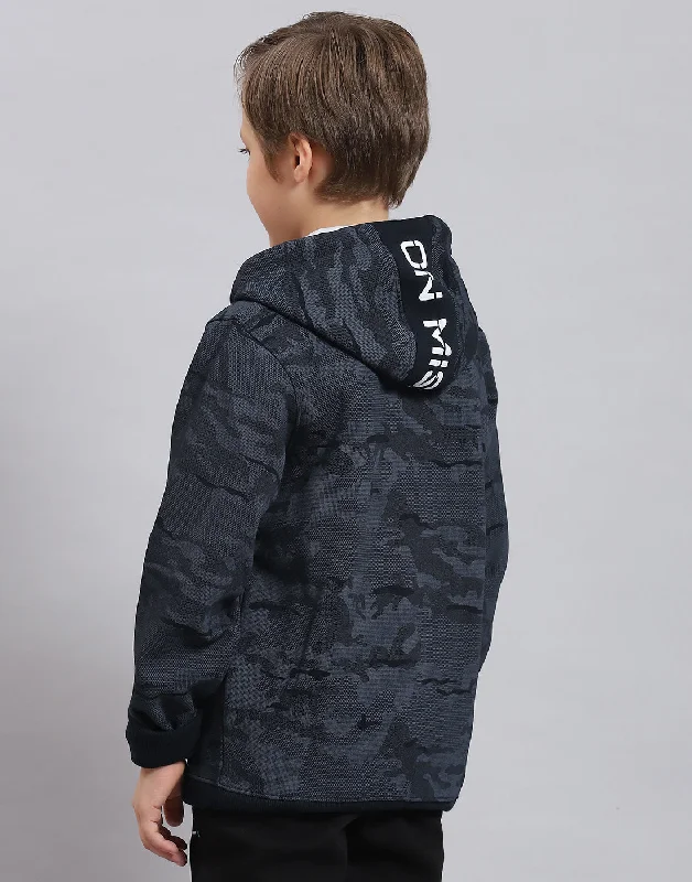 Boys Navy Blue Printed Hooded Full Sleeve Sweatshirt