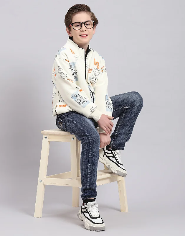 Boys Off White Printed Stand Collar Full Sleeve Sweatshirt