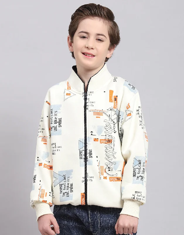 Boys Off White Printed Stand Collar Full Sleeve Sweatshirt