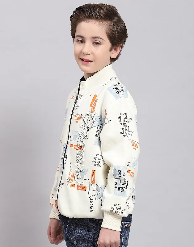 Boys Off White Printed Stand Collar Full Sleeve Sweatshirt