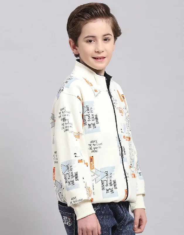 Boys Off White Printed Stand Collar Full Sleeve Sweatshirt