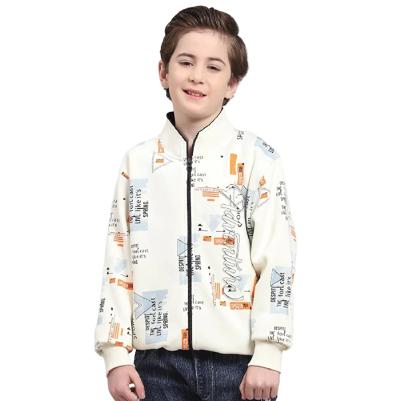 Boys Off White Printed Stand Collar Full Sleeve Sweatshirt