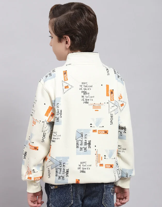 Boys Off White Printed Stand Collar Full Sleeve Sweatshirt