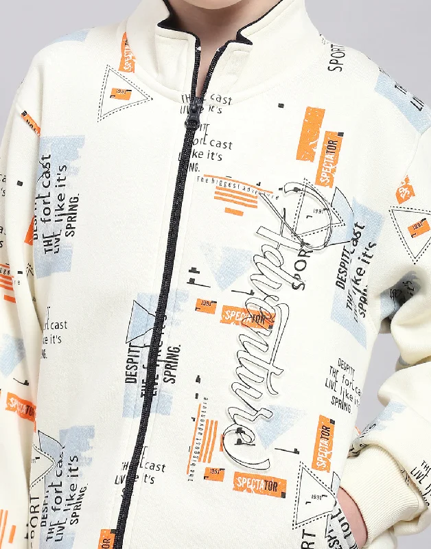 Boys Off White Printed Stand Collar Full Sleeve Sweatshirt