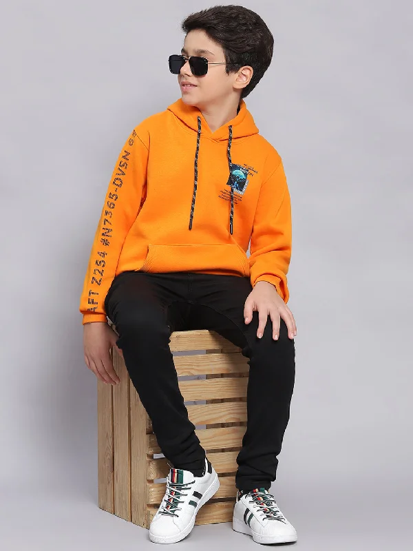 Boys Orange Printed Hooded Full Sleeve Sweatshirt