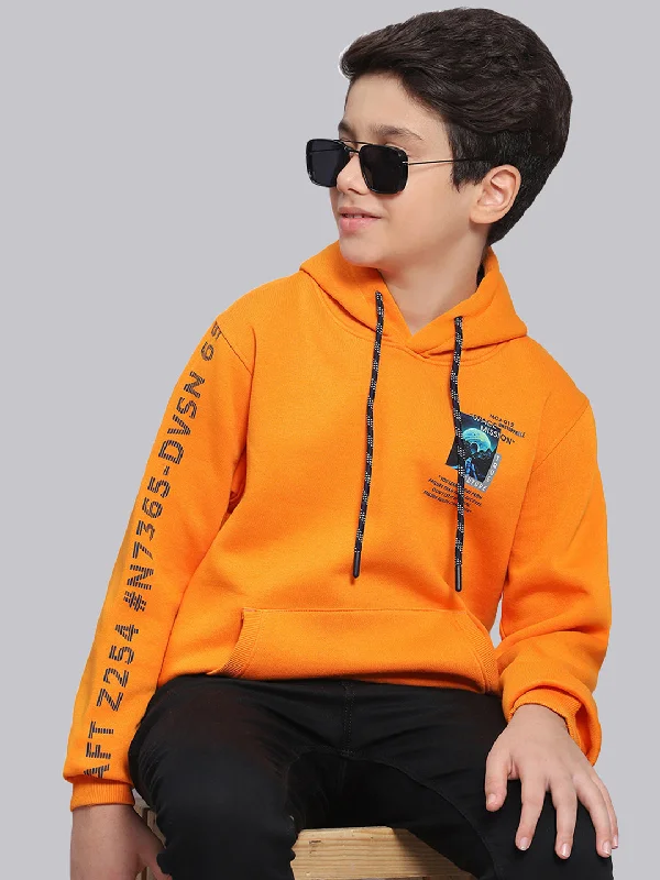 Boys Orange Printed Hooded Full Sleeve Sweatshirt