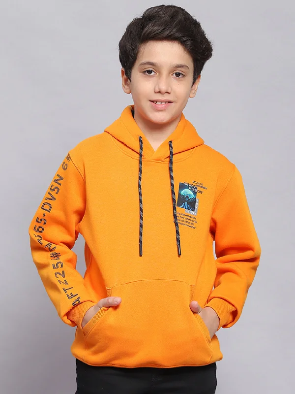 Boys Orange Printed Hooded Full Sleeve Sweatshirt