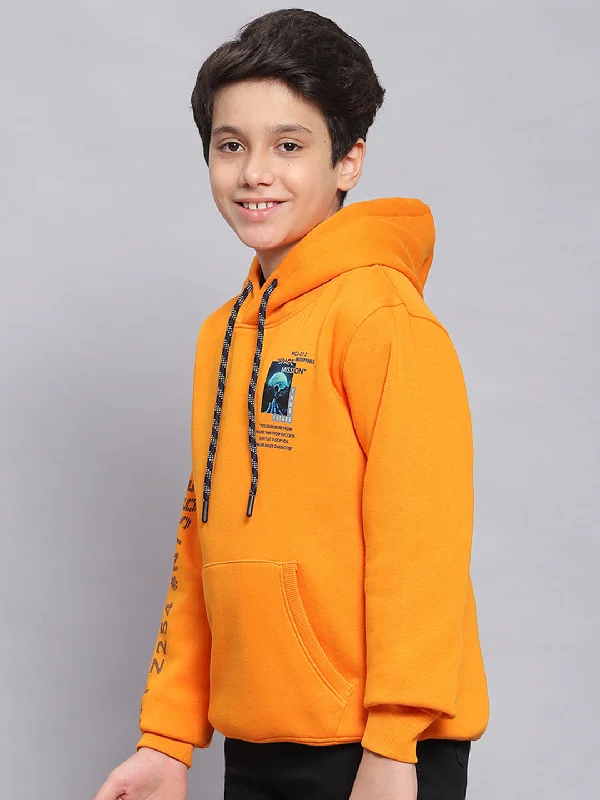 Boys Orange Printed Hooded Full Sleeve Sweatshirt