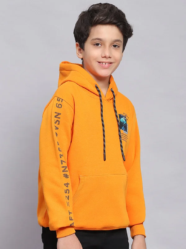 Boys Orange Printed Hooded Full Sleeve Sweatshirt