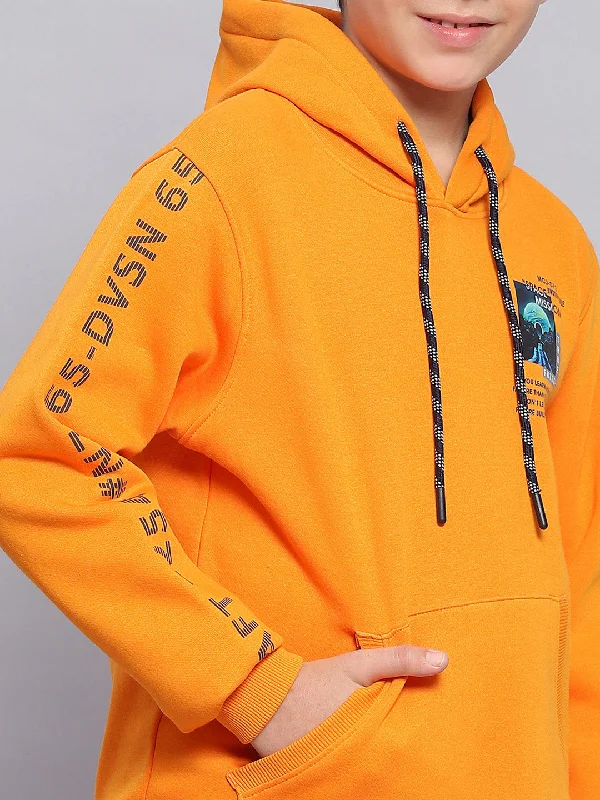 Boys Orange Printed Hooded Full Sleeve Sweatshirt