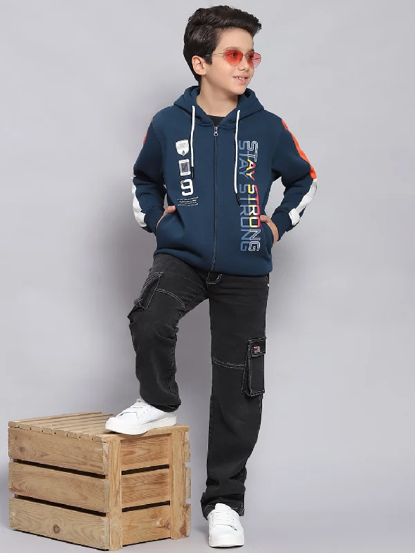 Boys Teal Blue Printed Hooded Full Sleeve Sweatshirt