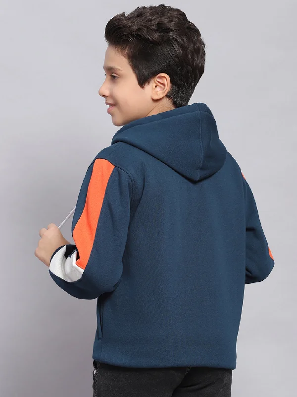 Boys Teal Blue Printed Hooded Full Sleeve Sweatshirt