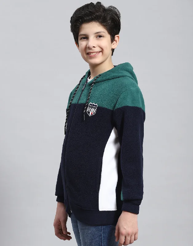 Boys Teal Blue Solid Hooded Full Sleeve Sweatshirt