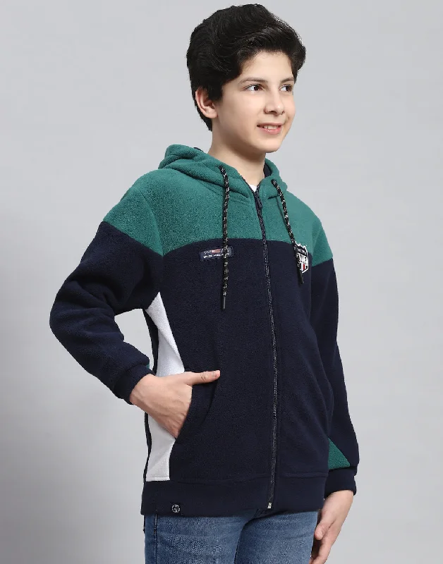 Boys Teal Blue Solid Hooded Full Sleeve Sweatshirt