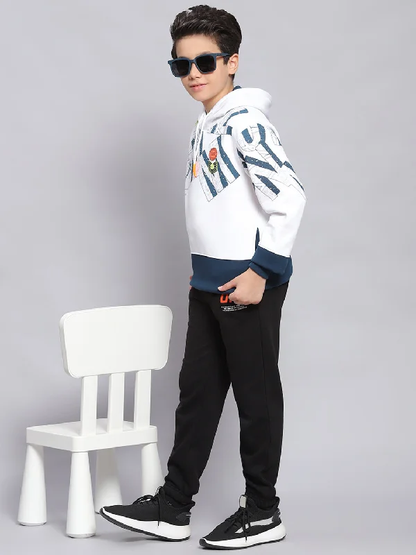 Boys White Printed Hooded Full Sleeve Sweatshirt