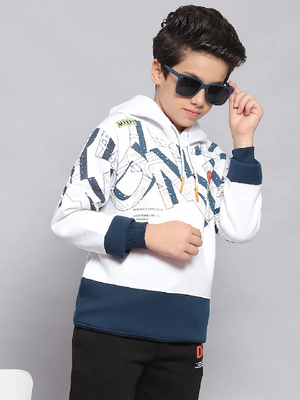 Boys White Printed Hooded Full Sleeve Sweatshirt