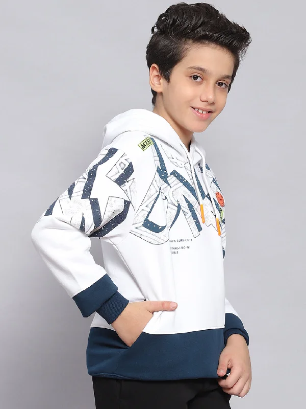 Boys White Printed Hooded Full Sleeve Sweatshirt