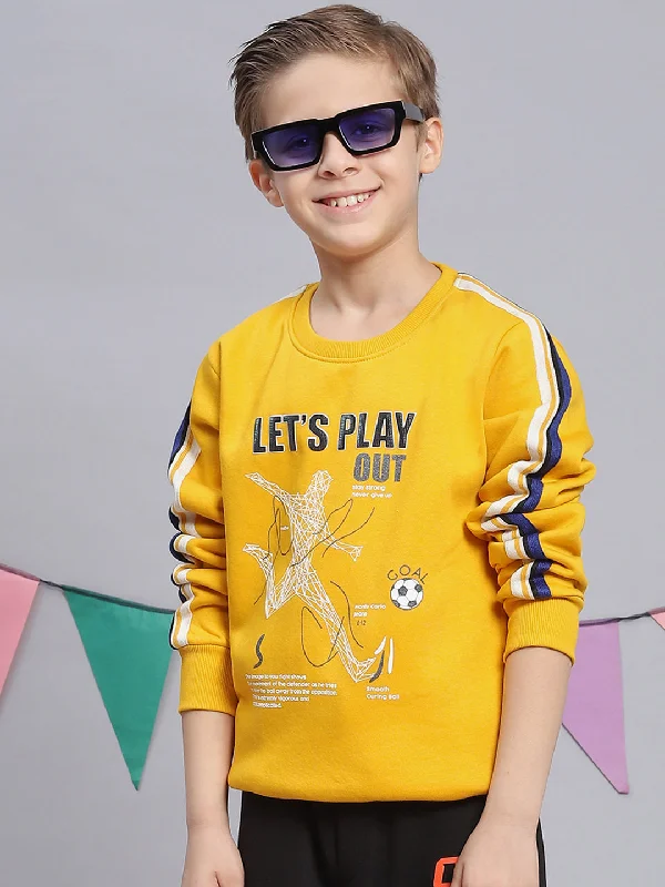 Boys Yellow Printed Round Neck Full Sleeve Sweatshirt