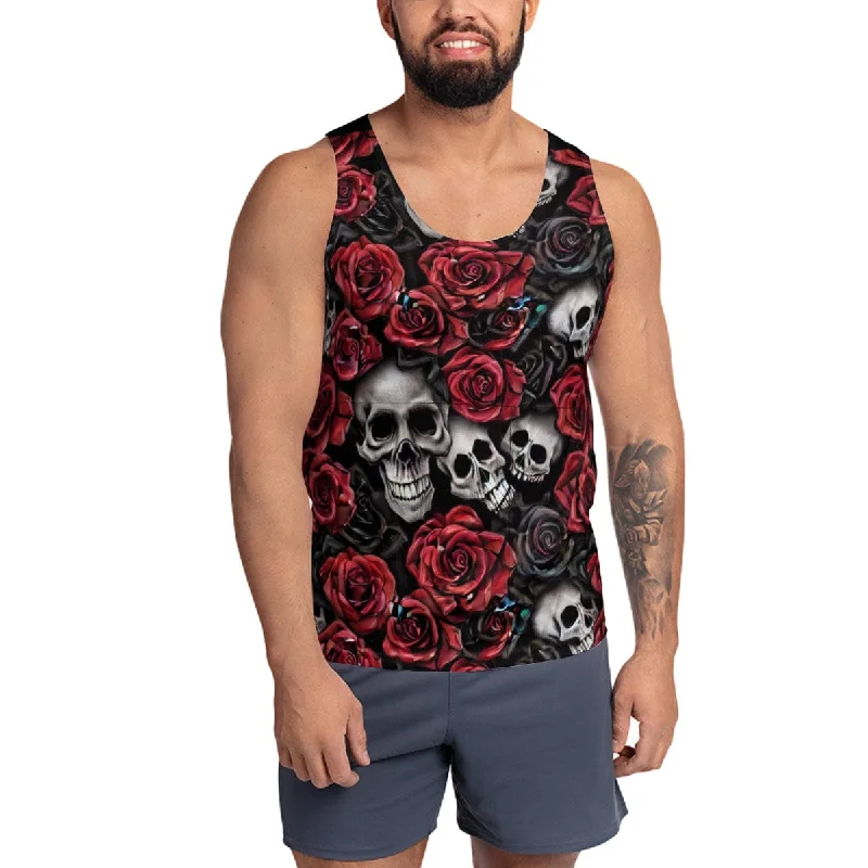 Men's Skull Red And Black Roses Tank Top