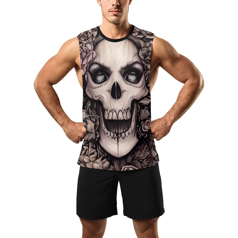 Skull Face Laughing Floral Men's Open Sides Workout Tank Top