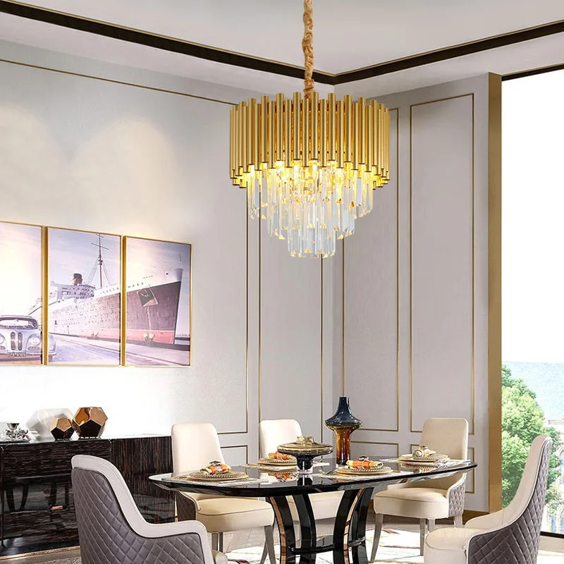 Chandeliers with Metal Frames in Black FinishChandeliers with Metal Frames in Black FinishContemporary 3-Tier Circle Metal Pendant Chandelier Light with K9 Block, Brass Finish